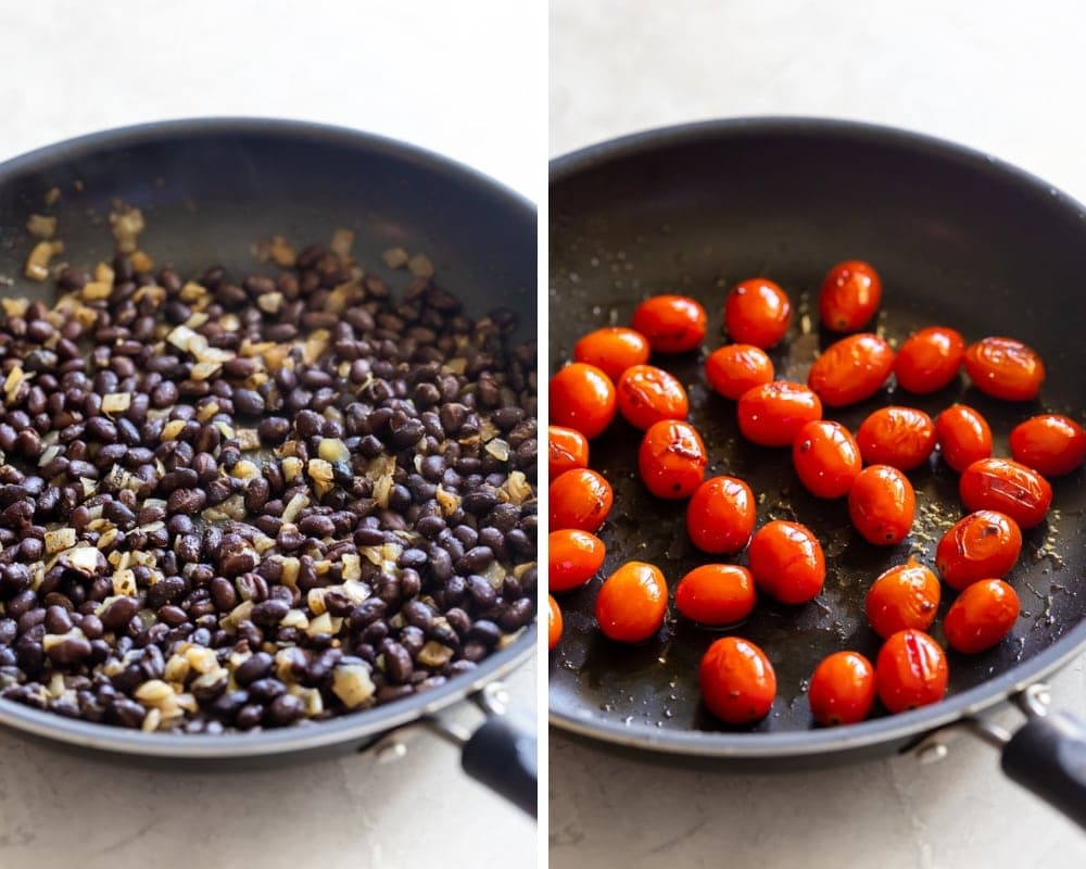 two photo collage showing black beans and onions sautéed in a skillet and charred grape tomatoes with olive oil salt and pepper in a skillet