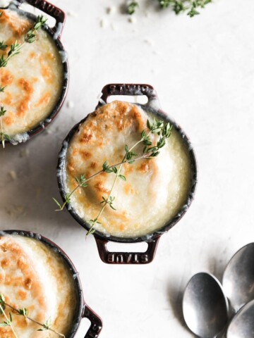 This rich, flavorful, classic french onion soup is easy-to-make with caramelized onions, beef broth, toasty bread and melty cheese. Perfect weeknight meal or for date night in!