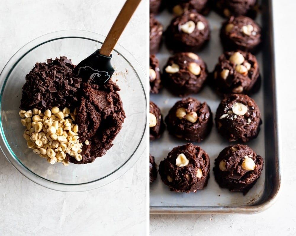 bowl with cookie dough, chopped chocolate and chopped hazelnuts and cookie dough balls on a baking sheet