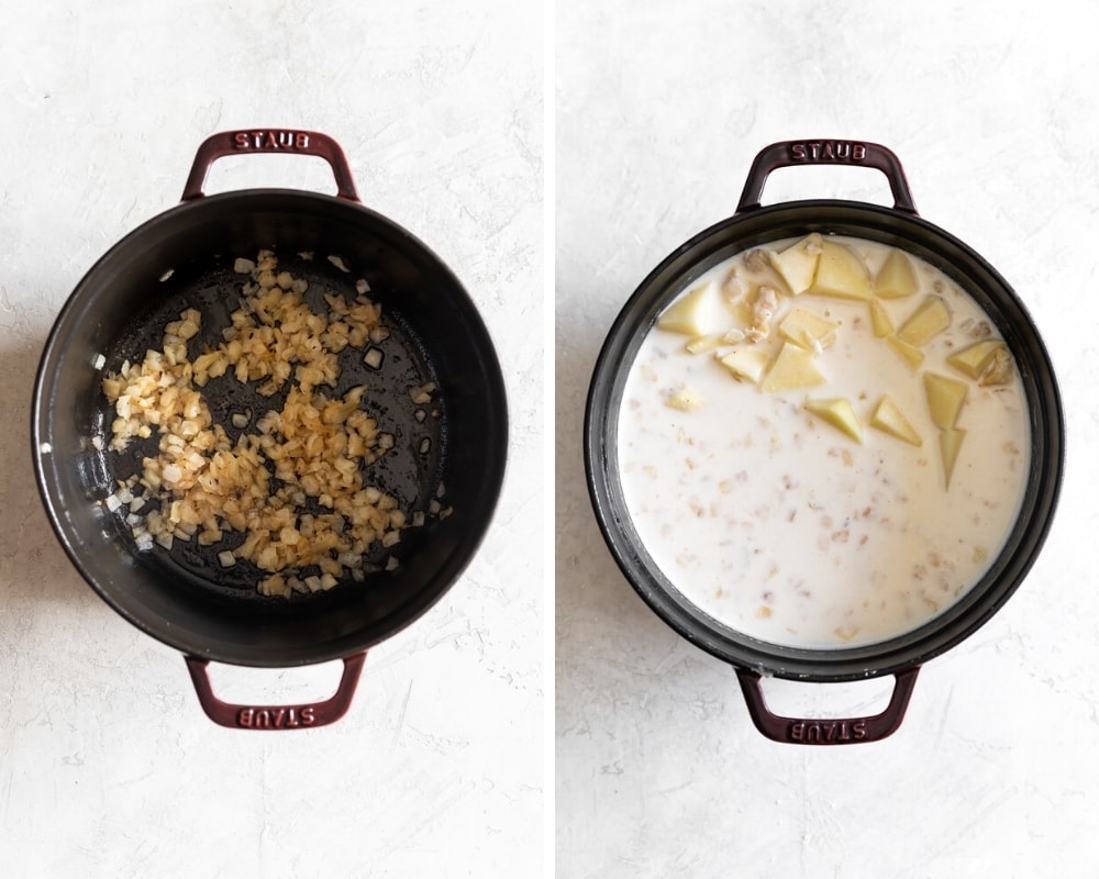 pot with sautéed onions and pot with milk, chicken stock, and potatoes