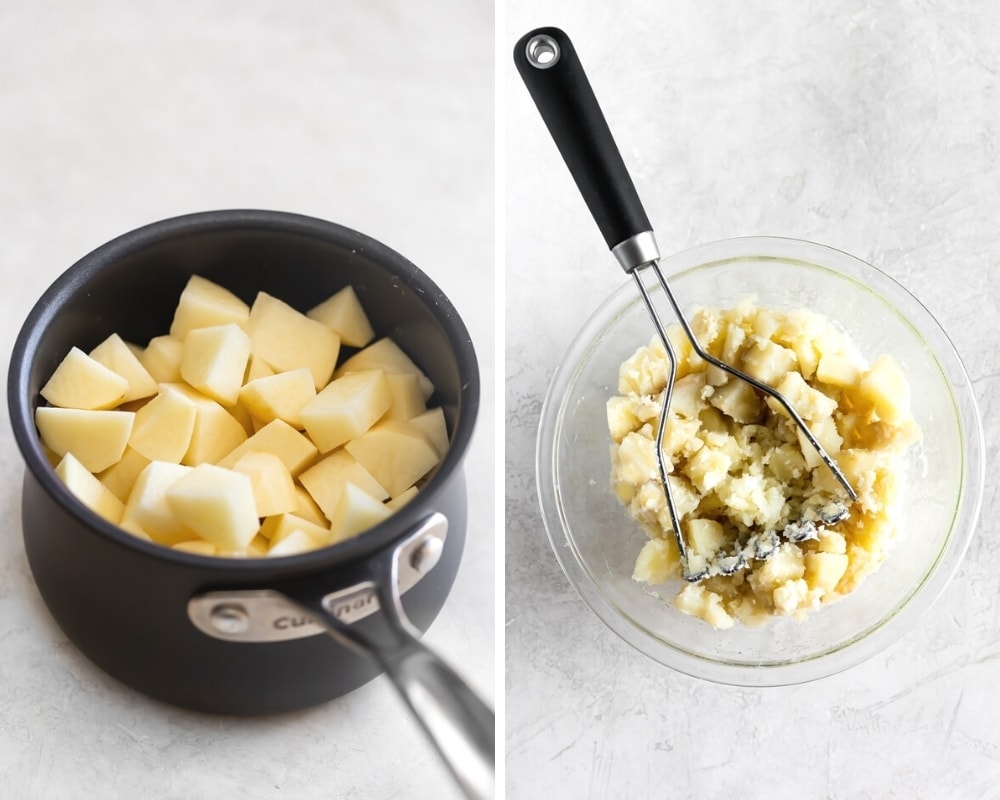 chopped Russet potatoes in a saucepan before steaming and potatoes in a large clear bowl being mashed after steaming