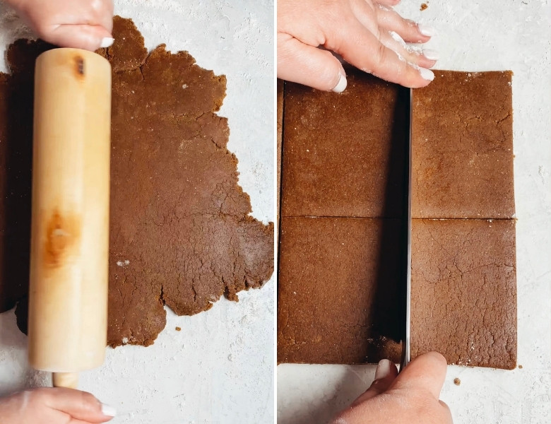 rolling out the thick paniqueque dough and cutting into squares