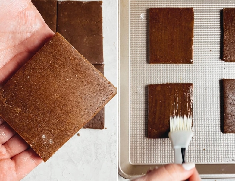 showing the cookie square and brushing the cookies with egg wash
