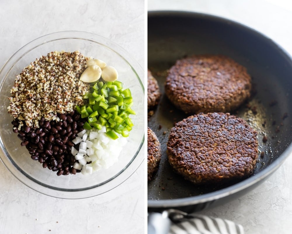 black bean burgers topped with tomatoes, sliced onions and mango salsa