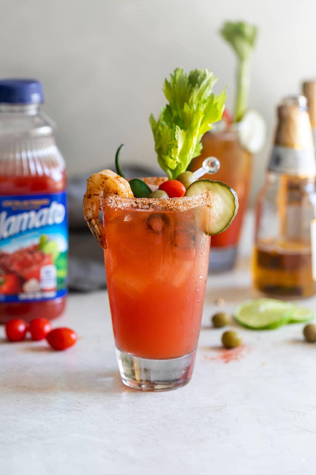 cold michelada with bloody mary garnishes