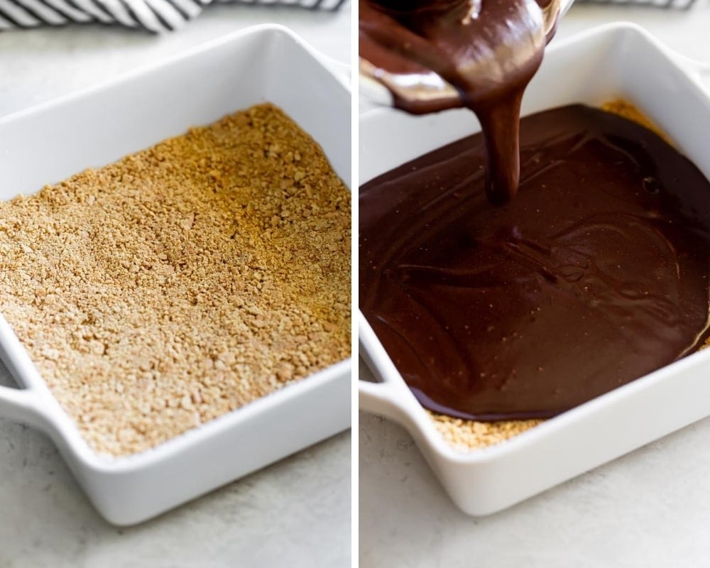 collage of graham cracker crust and brownie batter over the crust