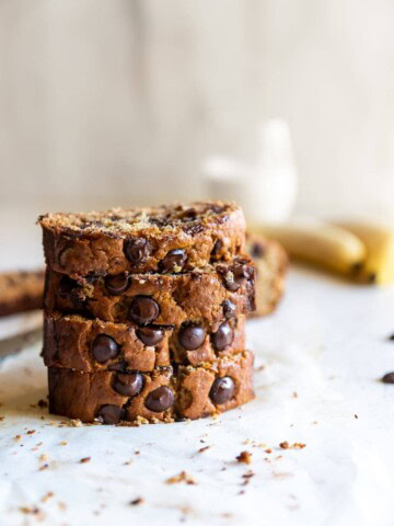 moist chocolate chip banana bread slices stacked on top of each other